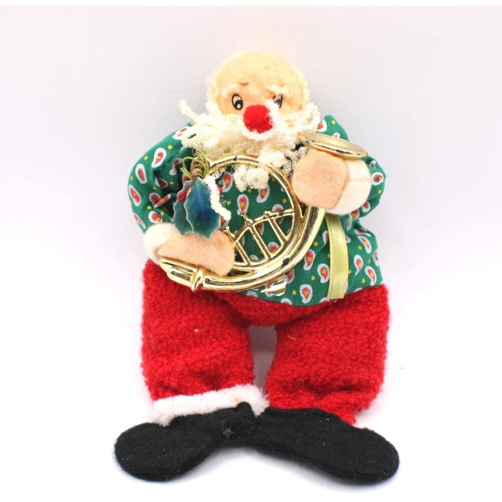 Vintage Plush Santa Ornament Green Paisley Shirt & Red Pants Gold French Horn